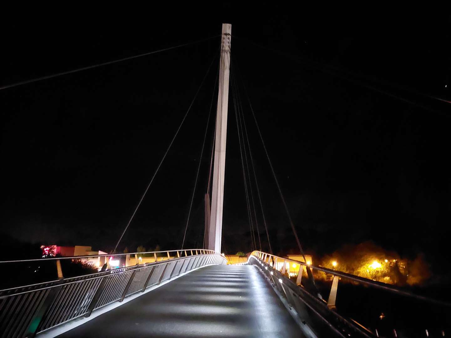 The bridge has several lights over the main crossing but lampposts around the structure are out