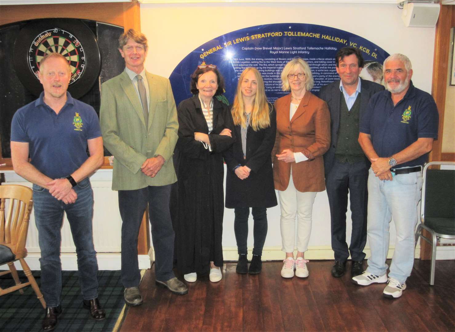 Halliday's family with RMA member Mark Simpson (L) and management secretary Bob Guest (R) who led on most of the work in refurbishing the Halliday Bar