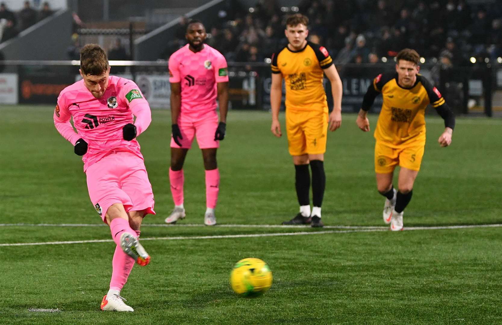 Jake Robinson scores from the penalty spot against Cray Wanderers. Picture: Keith Gillard