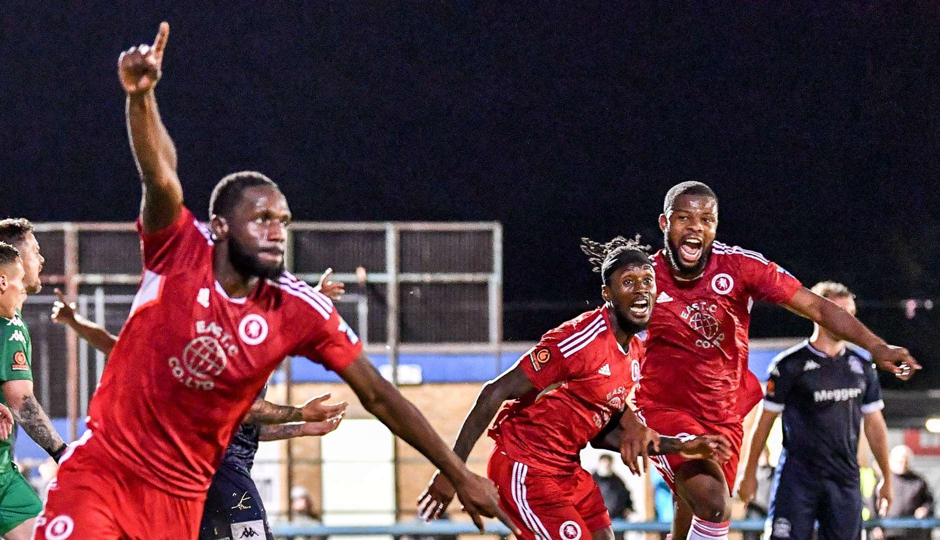 Welling celebrate after Manny Parry puts them ahead against Dover. Picture: Dave Budden