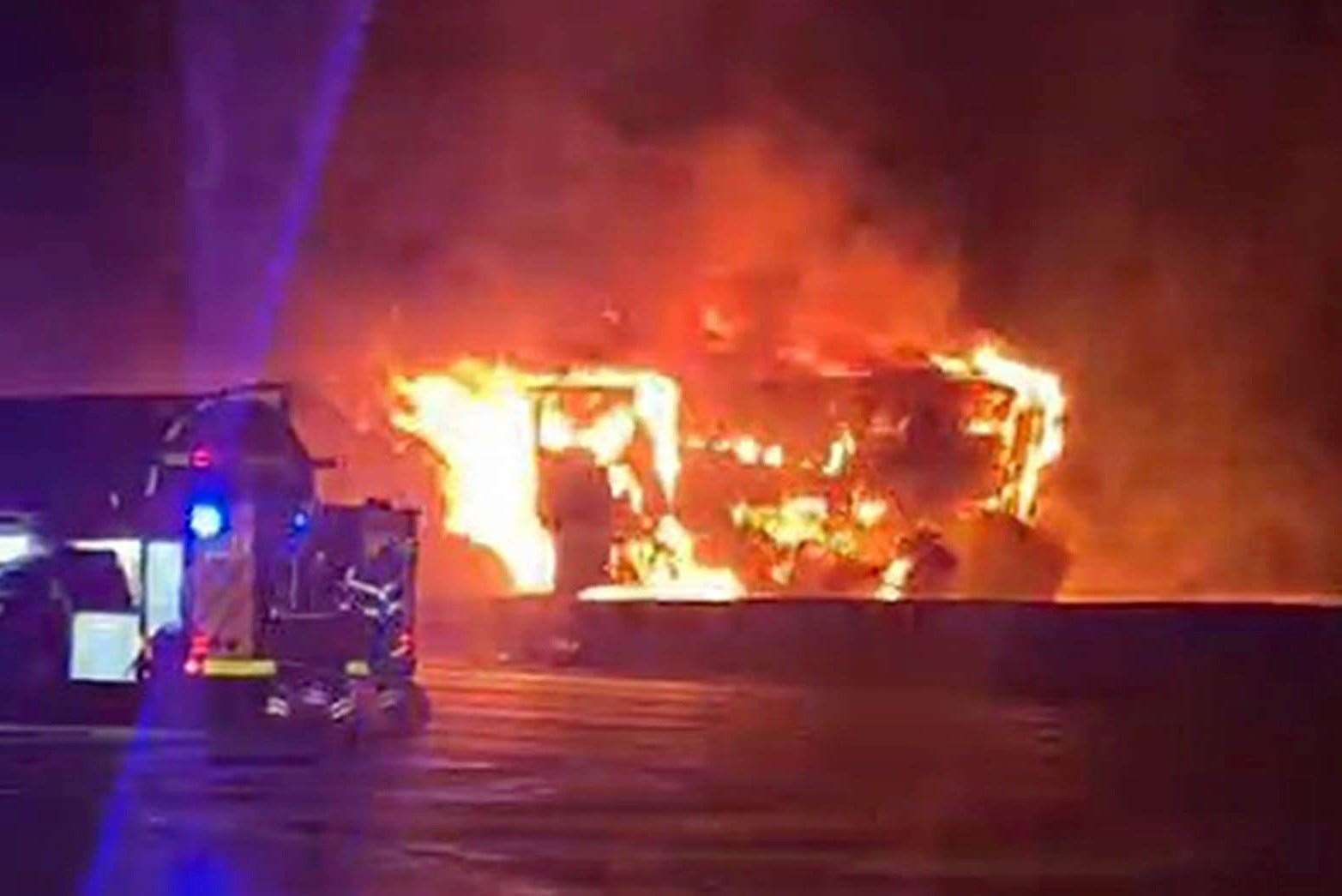 A screengrab from footage of the lorry on fire on the M25 on Sunday evening. Picture: Simona Andreeva/PA