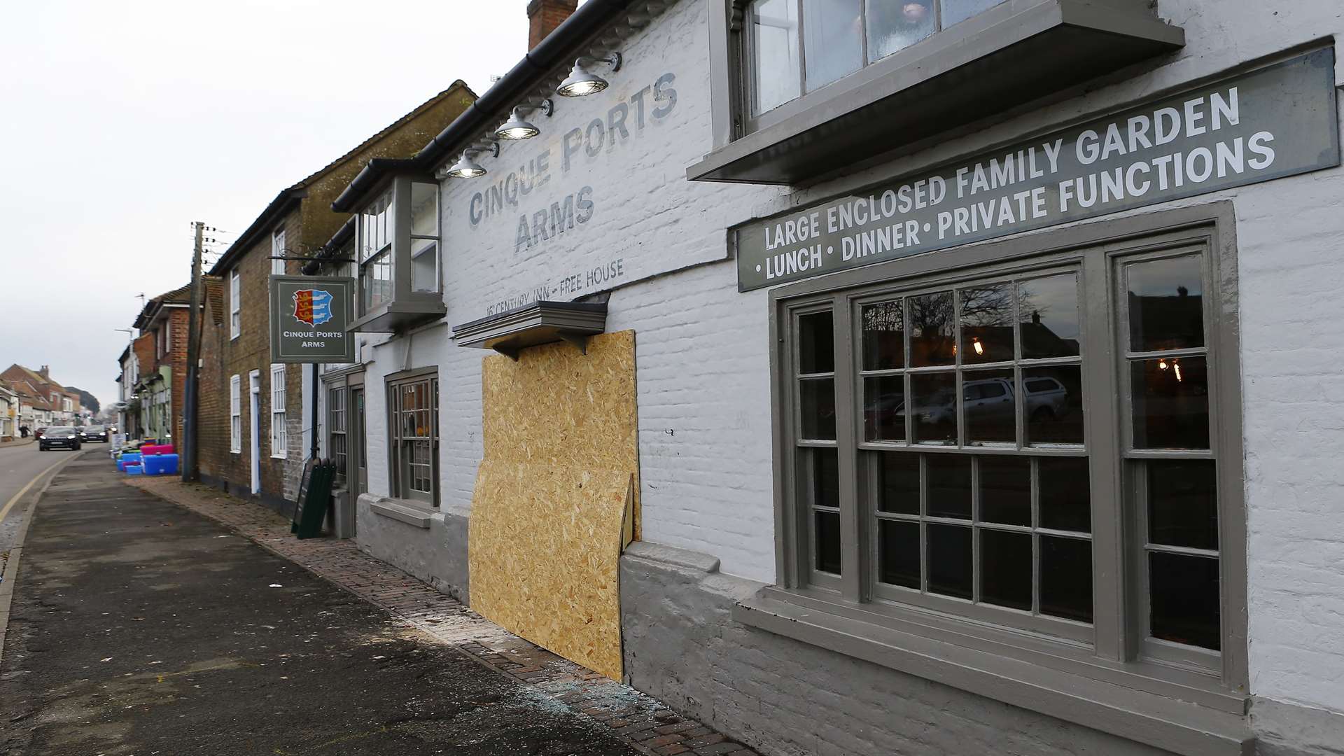 The pub has been boarded up as repair work gets underway