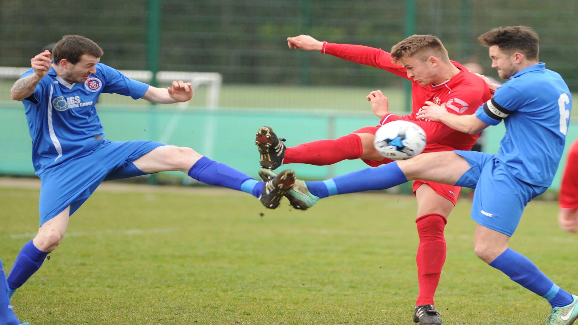 Greenwich, blue, in action against Hollands & Blair will play in Ryman League Division 1 South next season. Picture: Steve Crispe