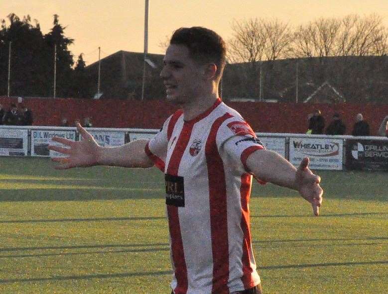 Hat-trick man Jake Embery celebrates his first in Sheppey's 7-3 win over Littlehampton. Picture: Paul Richards