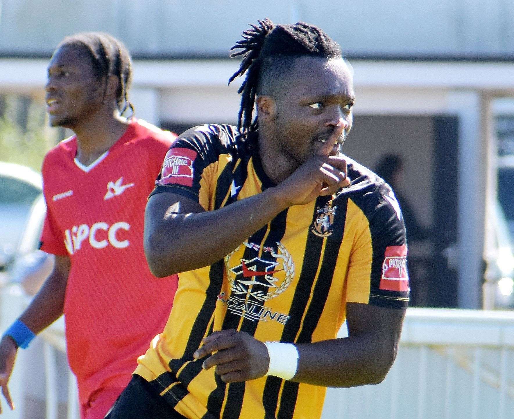 Folkestone scorer Evans Kouassi gets off the mark for the season during their season-opening Isthmian Premier 1-1 home draw with Carshalton on Saturday. Picture: Randolph File