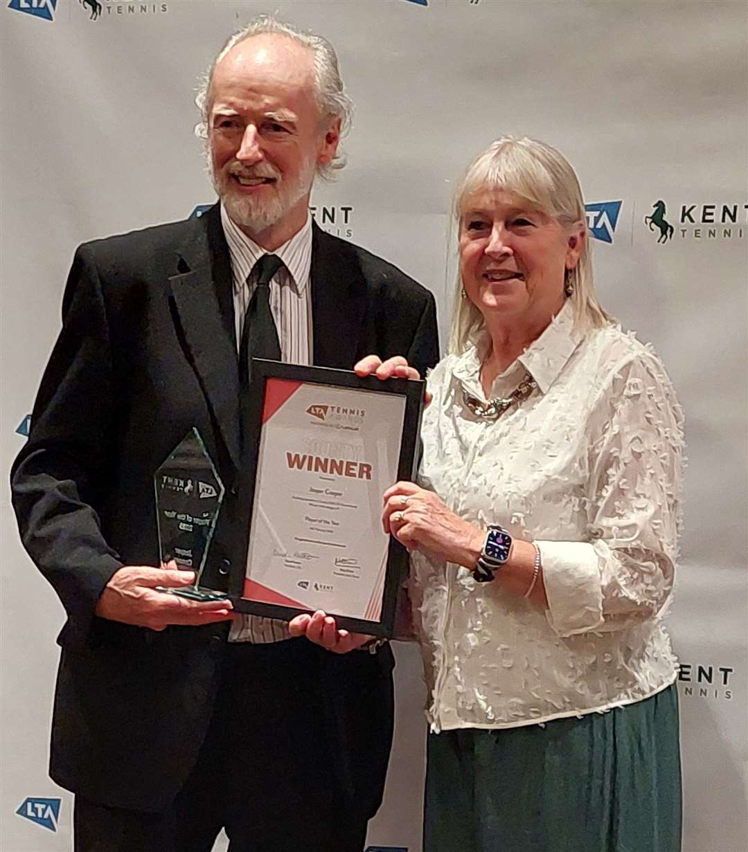 Kent's Player-of-the-Year winner, Jasper Cooper, with LTA president Sandi Procter at the Kent Tennis awards ceremony