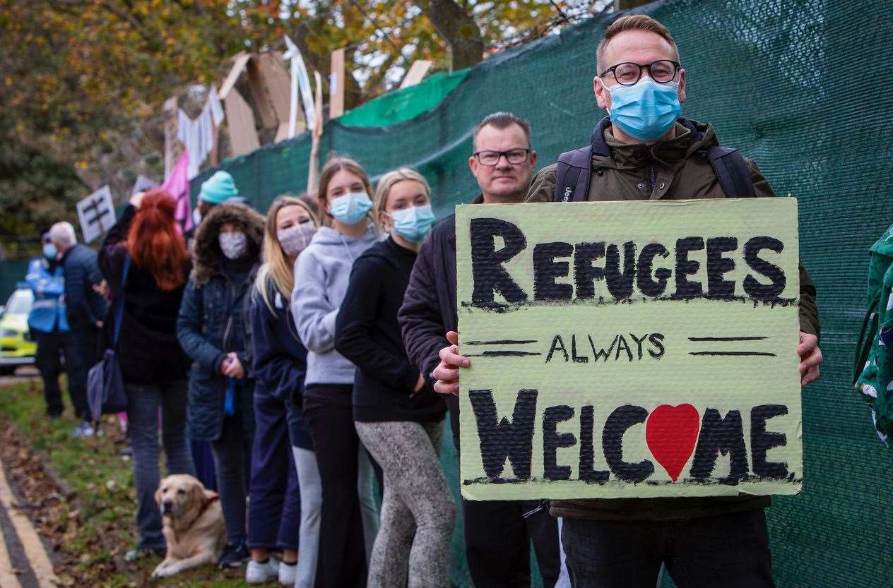 Residents protesting at Napier Barracks in Folkestone. Picture: Andrew Aitchison / In Pictures via Getty Images