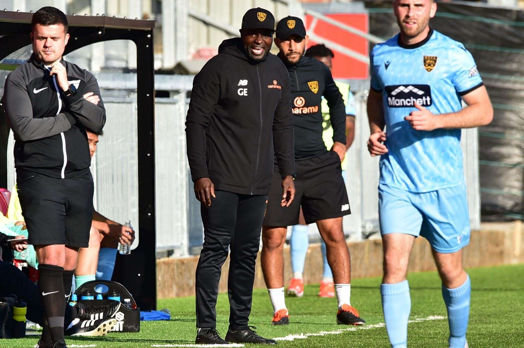 Maidstone boss George Elokobi makes his point on the touchline. Picture: Steve Terrell