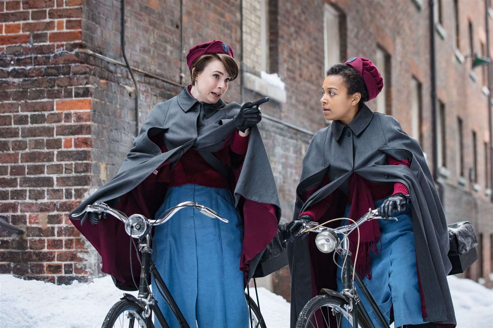 Leonie as Nurse Lucille filming at the dockyard for a previous series with Jennifer Kirby as Nurse Valerie Dyer Picture: BBC/Neal Street Productions/Sophie Mutevelian