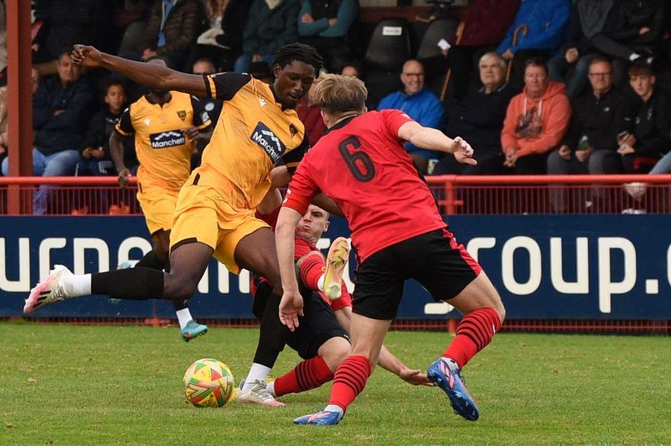 Dylan Barkers carries the ball forward at Needham Market. Picture: Steve Terrell