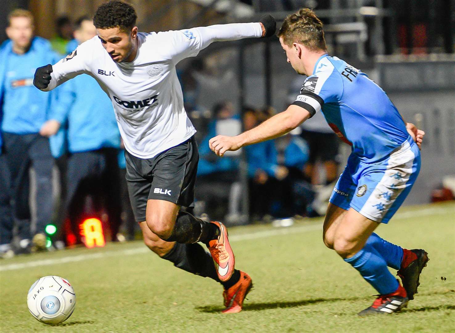 Dover's Jamie Allen takes on Harrogate's Ryan Fallowfield at Crabble on Saturday Picture: Alan Langley