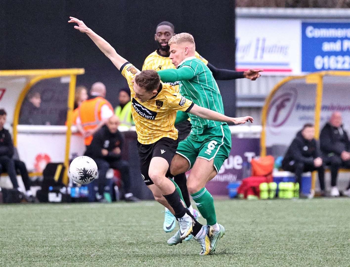 Maidstone striker Matt Rush tries to escape the attention of Jake Wannell. Picture: Helen Cooper