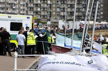 Police at the scene of the accident after the power boat crash in Dover