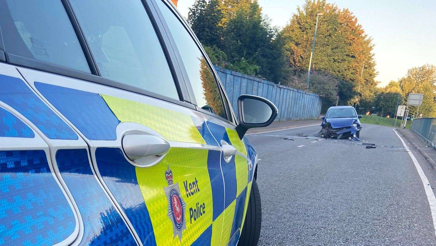 A car crash outside the Premier Inn on Pier Road in Gillingham closed the road for a time. Picture: @KentPoliceMed