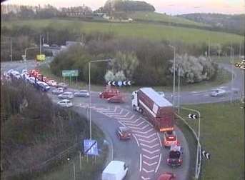 Queuing traffic at the Stockbury roundabout. Stock image