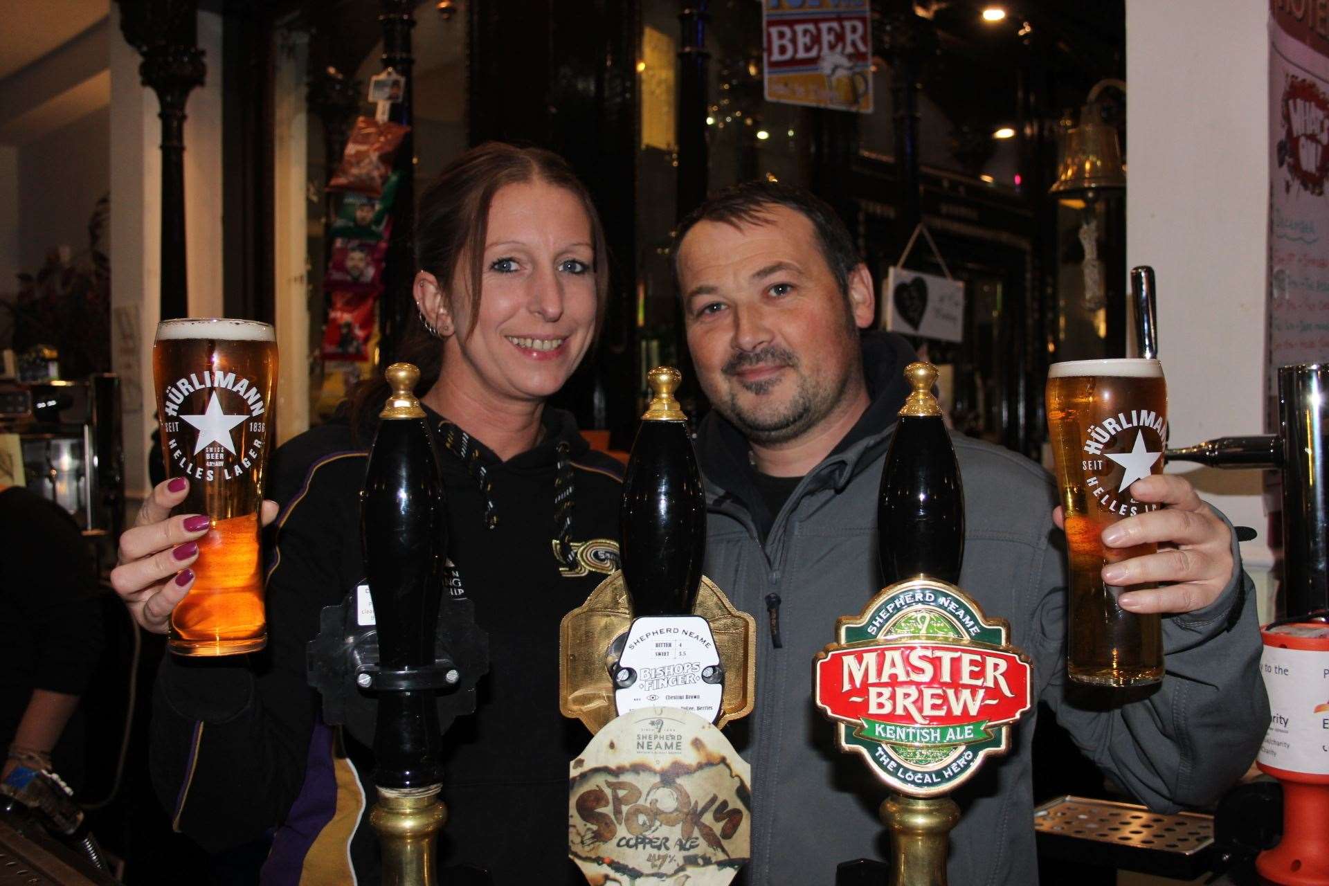 Cheers: Sarah Lewry and Gareth Segrove, before they wed, behind the bar of the Royal Hotel, Sheerness, after appearing on Channel 4's Four In A Bed TV programme in 2018