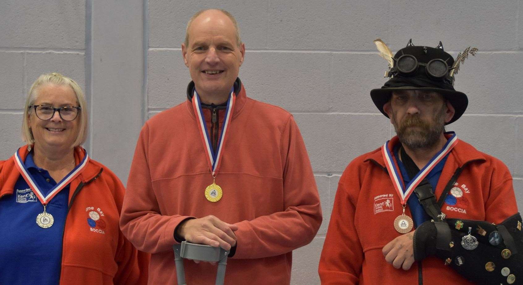 Gillingham-based BC6 independent winner John Beddow is all smiles alongside Herne Bay Boccia Club pair Jacqueline Baxter and Craig Foster