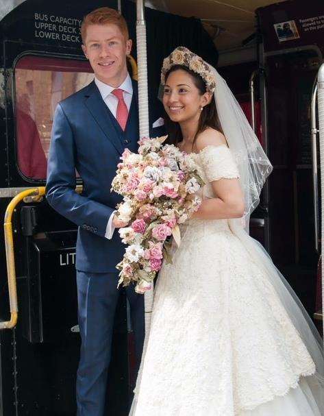 Noami and Euan Edwards-Ryan on their wedding day. The lucky suit is missing in action and Southeastern has stepped in to help