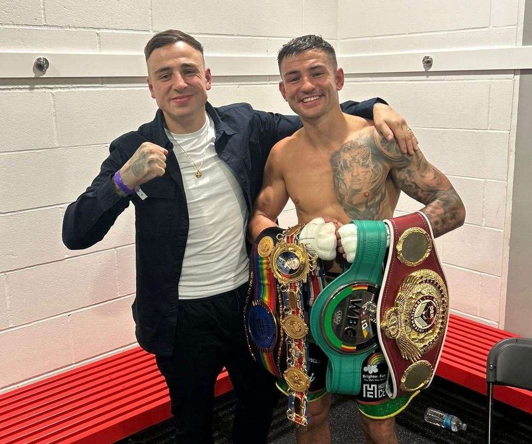 Sam Noakes, right, with brother and fellow pro boxer Sean in the dressing rooms on Saturday night