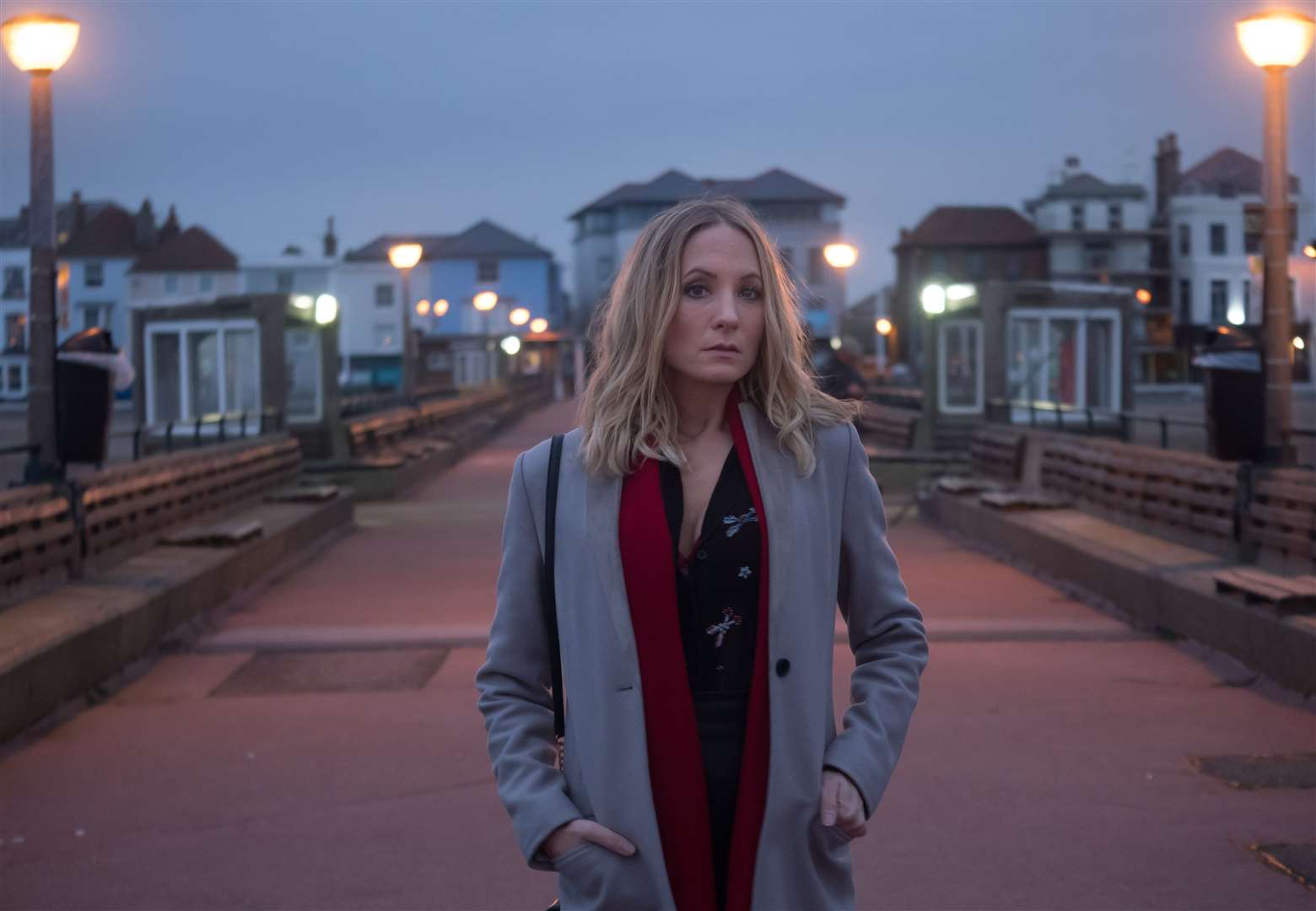 Joanne Froggatt on Deal Pier during the filming of ITV drama Liar