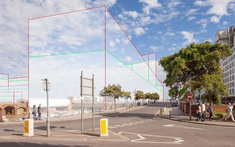 'True scale' representations of Roger De Haan's tower blocks on Folkestone sea front