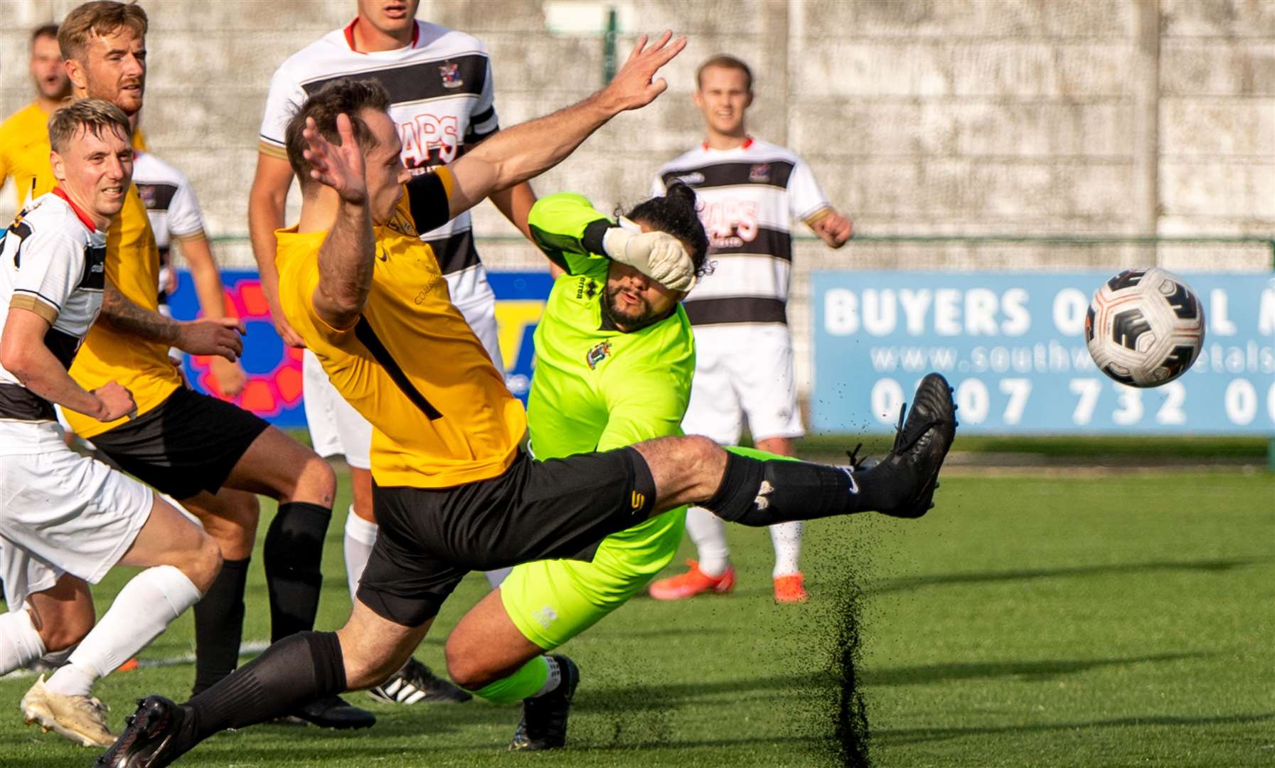 Drama in the penalty area during Deal's 5-1 win over Kennington last weekend. The sides meet again this Saturday. Picture: Ken Matcham