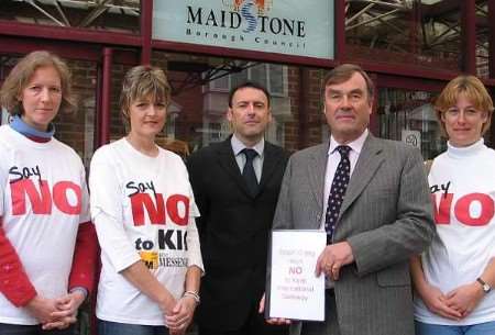 Mary Richards, secretary, Valerie Springett, campaigner, Rob Jarman, senior planning officer, Richard Horton, StopKIG chairman, and Carol Rennison, campaigner. Picture courtesy Roger Adley