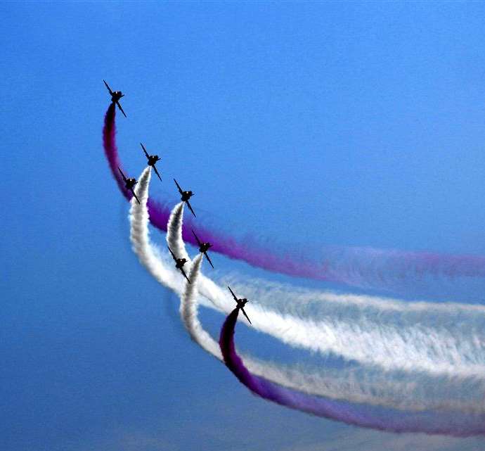 The Red Arrows during the Diamond Jubilee year Folkestone Airshow in 2012.