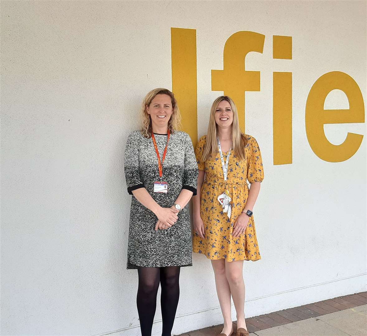 Ifield headteacher Maddy Jones, left, with speech and language therapist, Kirsty Jewell, right. Photo: Sean Delaney