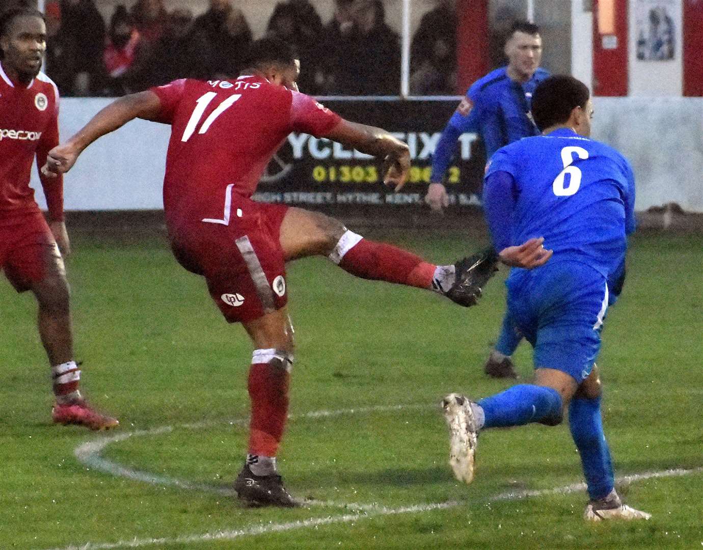 Ellis Brown goes for goal during Hythe’s 3-2 win over Steyning Town. Picture: Randolph File