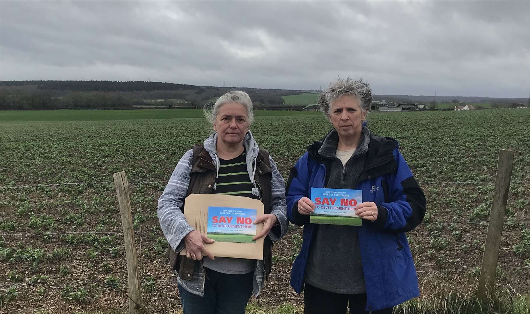 Former Bagpuss star Emily Firmin, left, and Moi Poulton, right, are protesting the development planned for Brooklands Farm in Whitstable