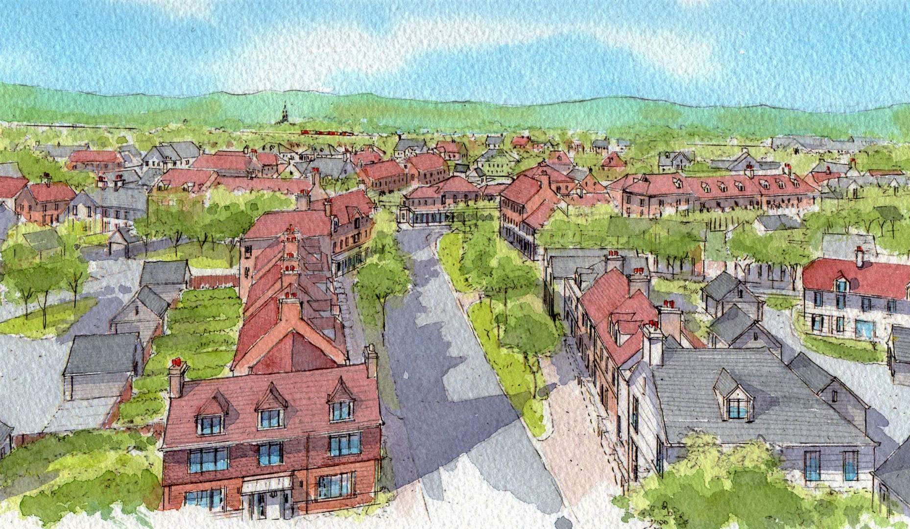 A developer's illustration of what the garden village at Tudeley, Tunbridge Wells, would have looked like