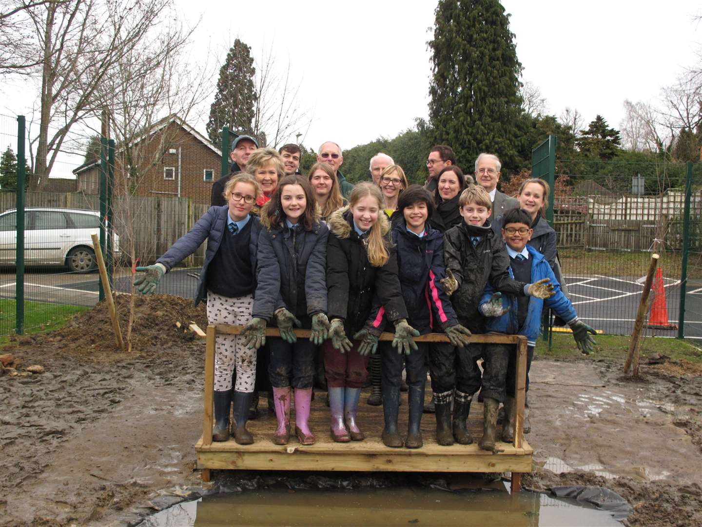 Trying out the pond-dipping platform