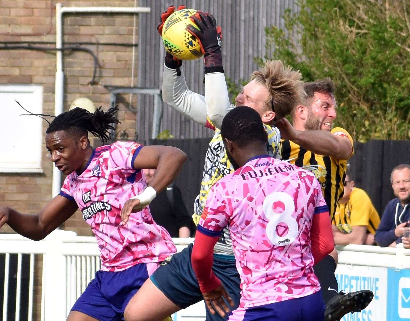 Goalkeeper Ben Bridle-Card, pictured in action for Margate against Folkestone last season, has left Hartsdown Park. Picture: Randolph File