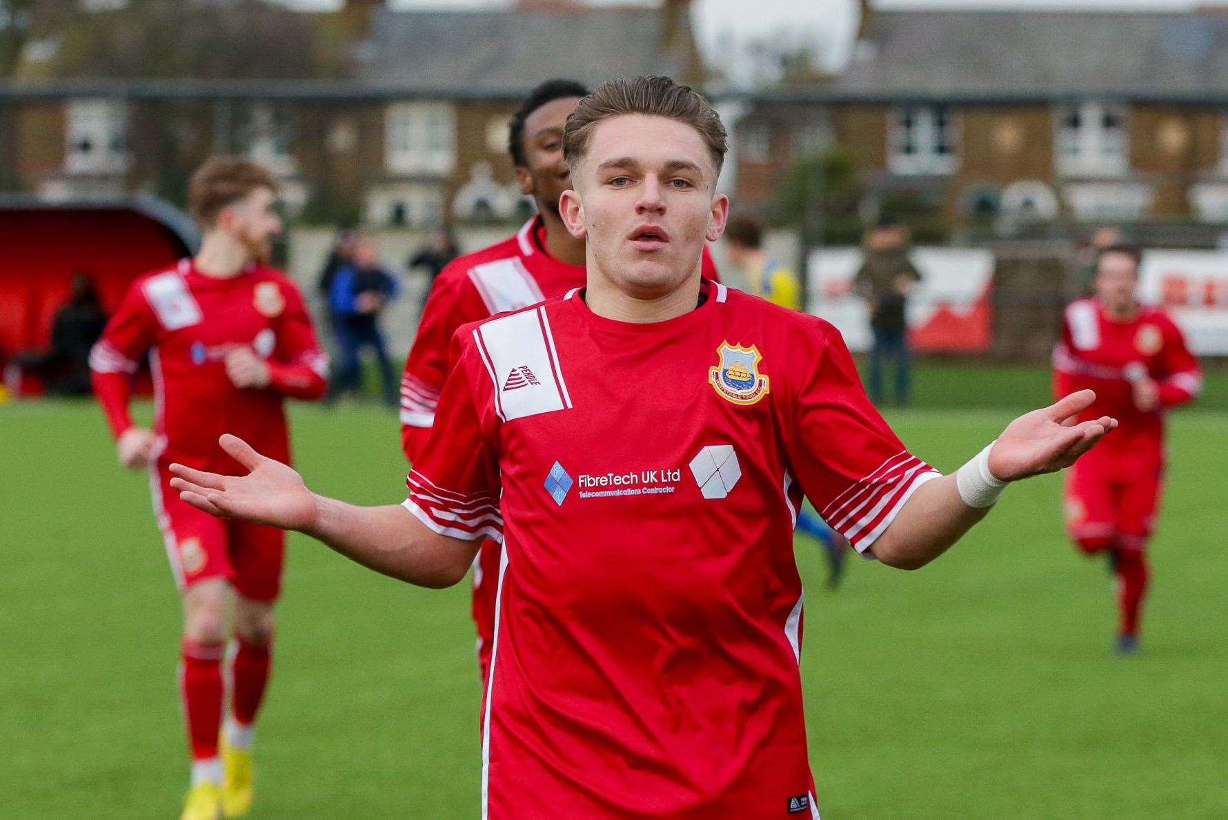 Josh Oliver celebrates his first goal in Whitstable's 2-2 weekend draw with Stansfeld. Picture: Les Biggs