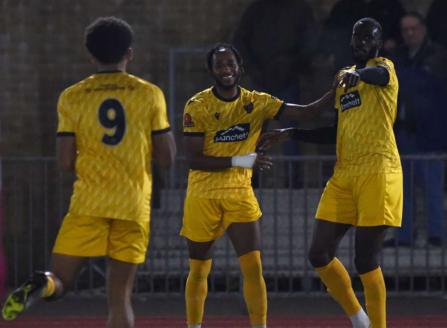 Levi Amantchi, right, celebrates his winner at Chelmsford with Sol Wanjau-Smith (No.9) and Lamara Reynolds. Picture: Steve Terrell