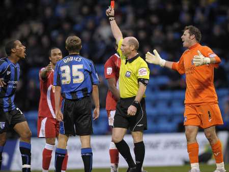 Youngster Callum Davies is shown a red card on his debut