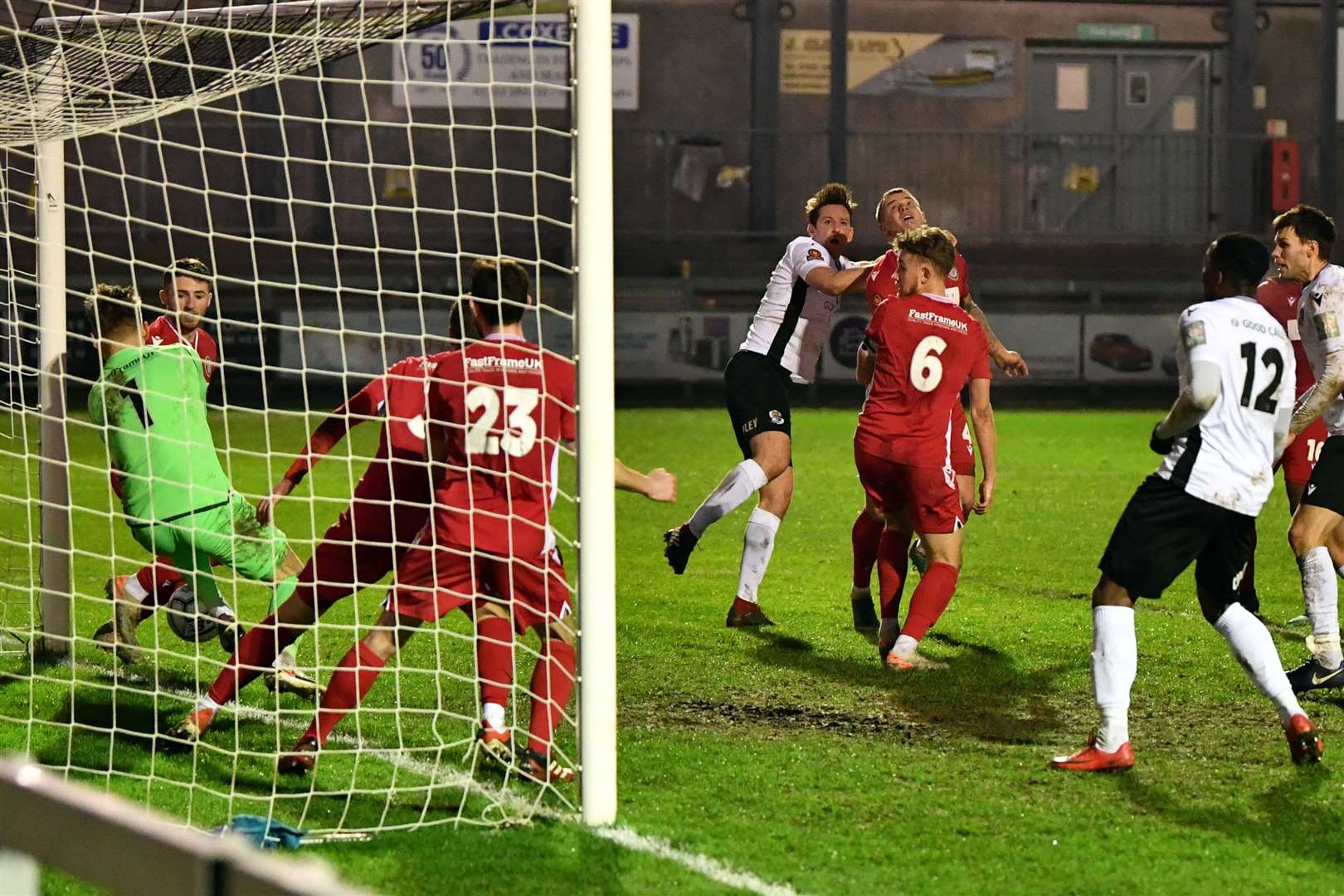 Keeper Luke Cairney keeps out Connor Essam's header in stoppage time as Dartford pressed for a winner on Saturday. Picture: Keith Gillard