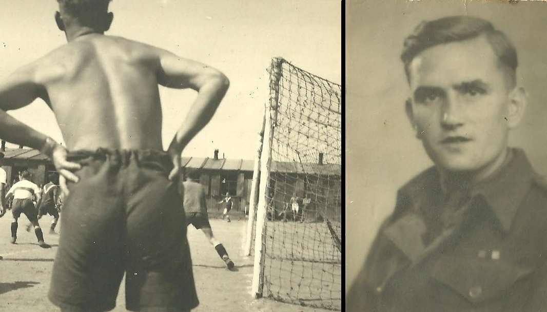 Left: Prisoners playing football at Fort Grolman. Right: Ronald during the Second World War.