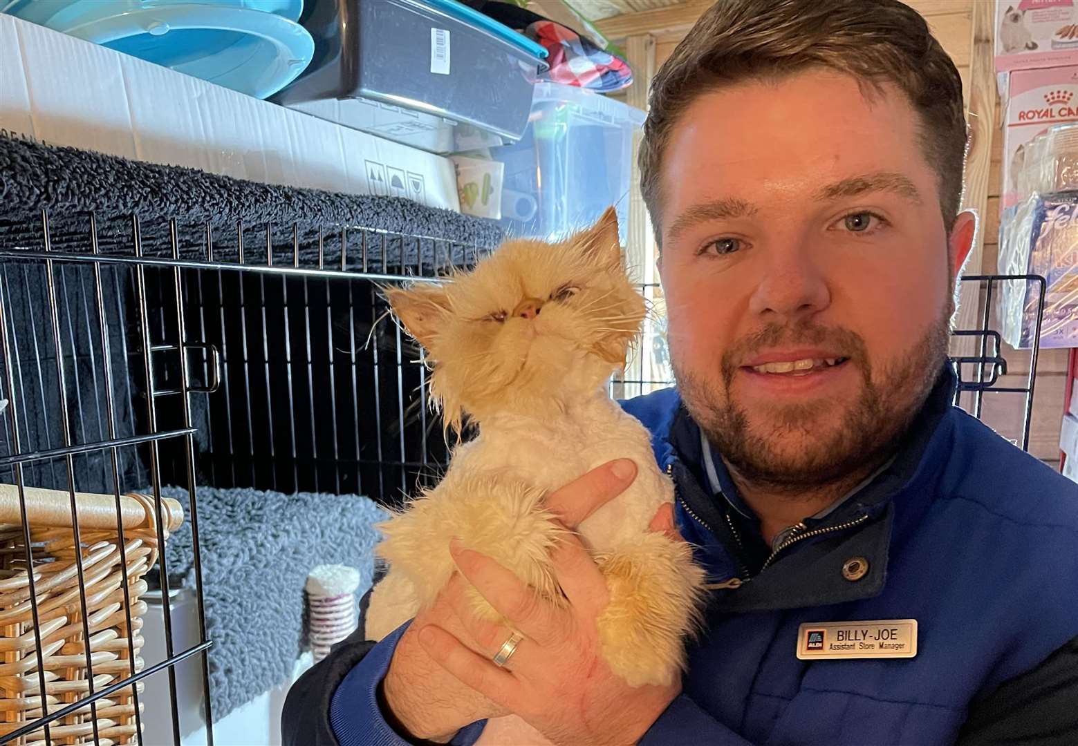 Billy and rescue cat Arthur, who arrived at Wisteria Cat Rescue in a bad condition