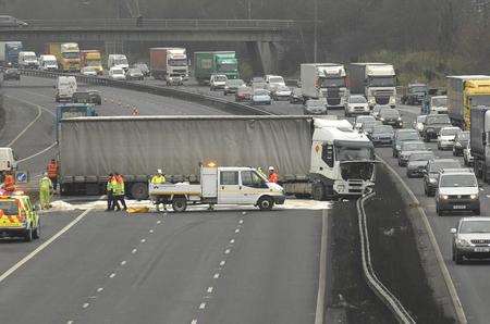 Lorry jackknifes on M20 near junction 4 for Snodland on February 28.