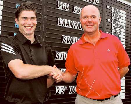 Mark Belsham (right) and Joe Jezzard (left)are looking for national glory at this weekend's SkyCaddie PGA fourball championship