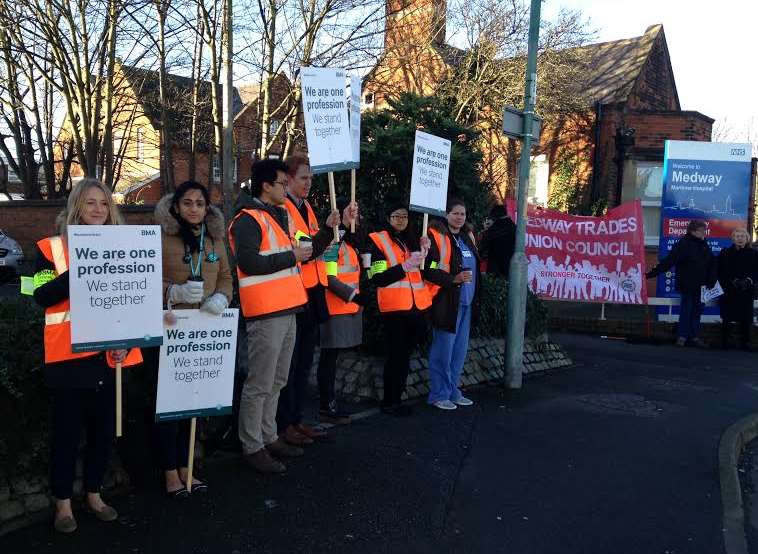 Junior doctors picketing outside Medway Hospital