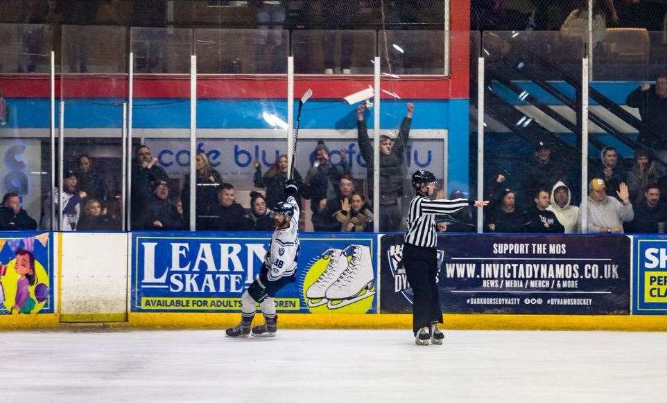 Juraj Huska celebrates a goal for Invicta Dynamos against the Chelmsford Chieftains Picture: David Trevallion