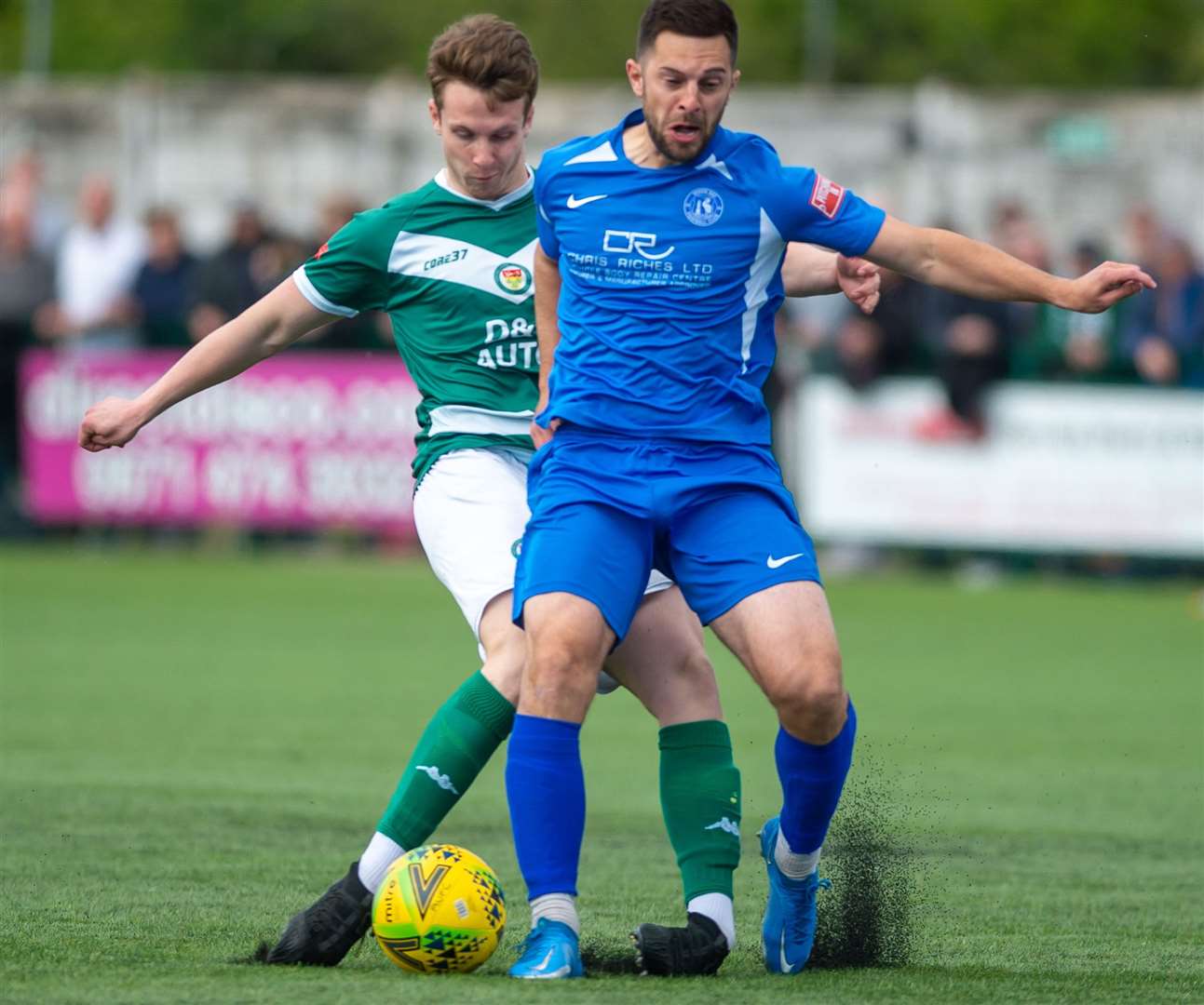 Herne Bay's Mike West up against Josh Wisson, of Ashford, in the Isthmian South East play-off final. Picture: Ian Scammell