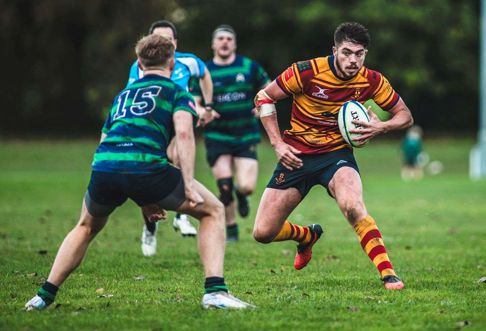 Medway's Max Bullock looks for a way past Old Reigatian. Picture: Jake Miles Sports Photography