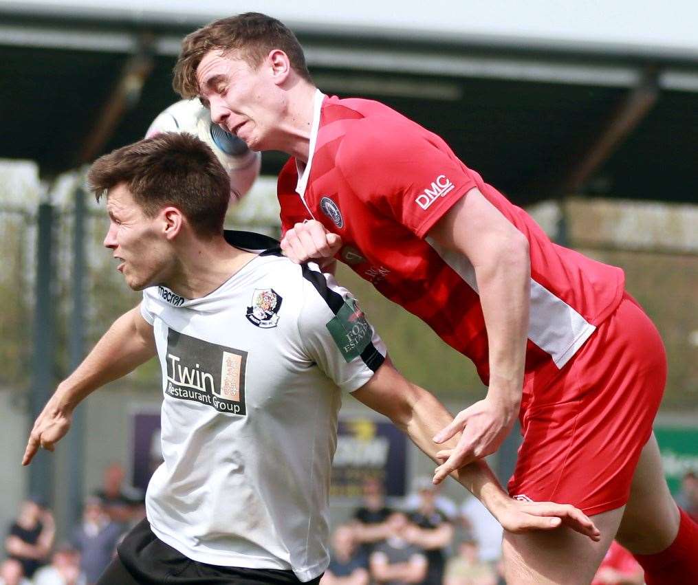 Charlie Sheringham loses out in the air against Billericay. Picture: Phil Lee