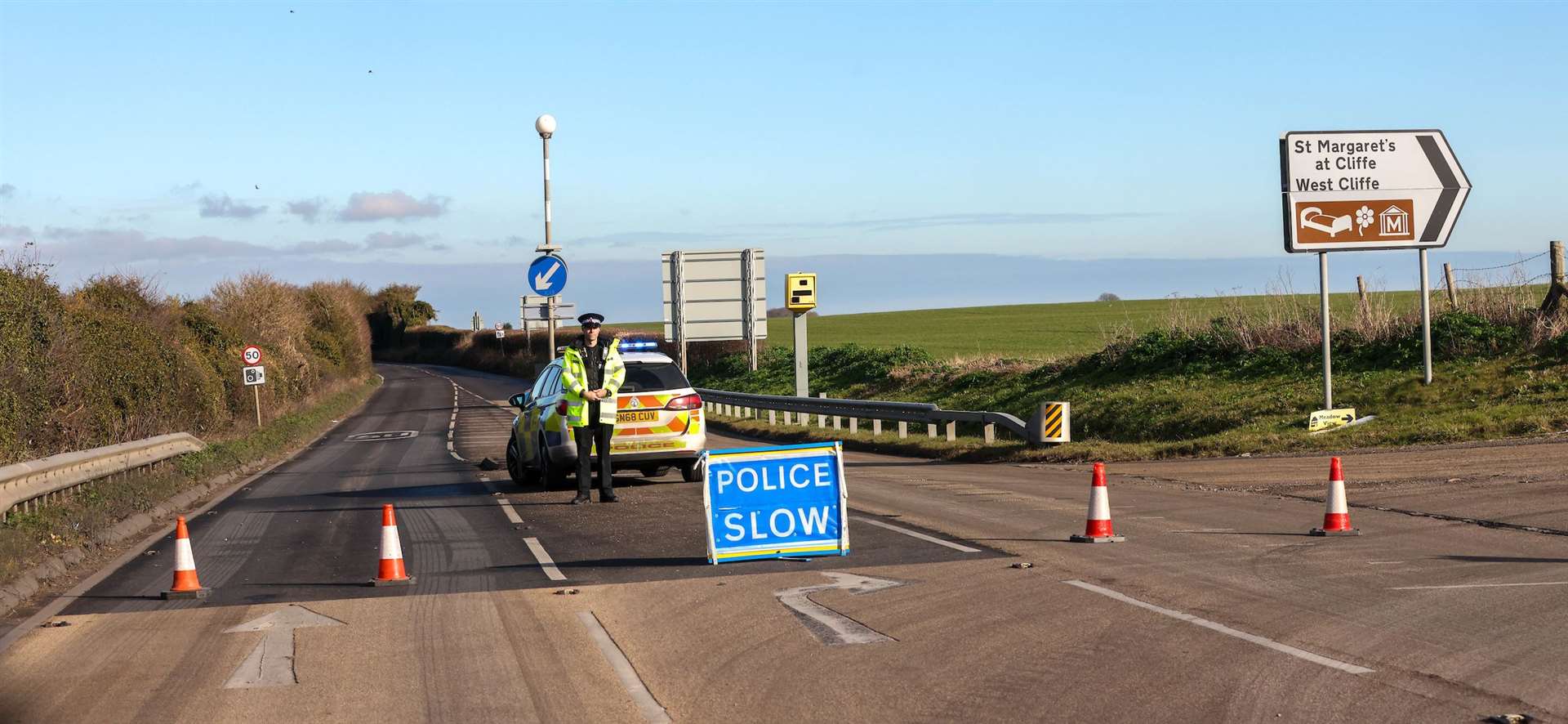 Part of the A258 remained closed for a number of hours following the fatal crash. Picture: UKNIP