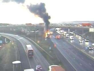 The lorry on fire on the M25 near Junction 2 for the A2. Picture: National Highways