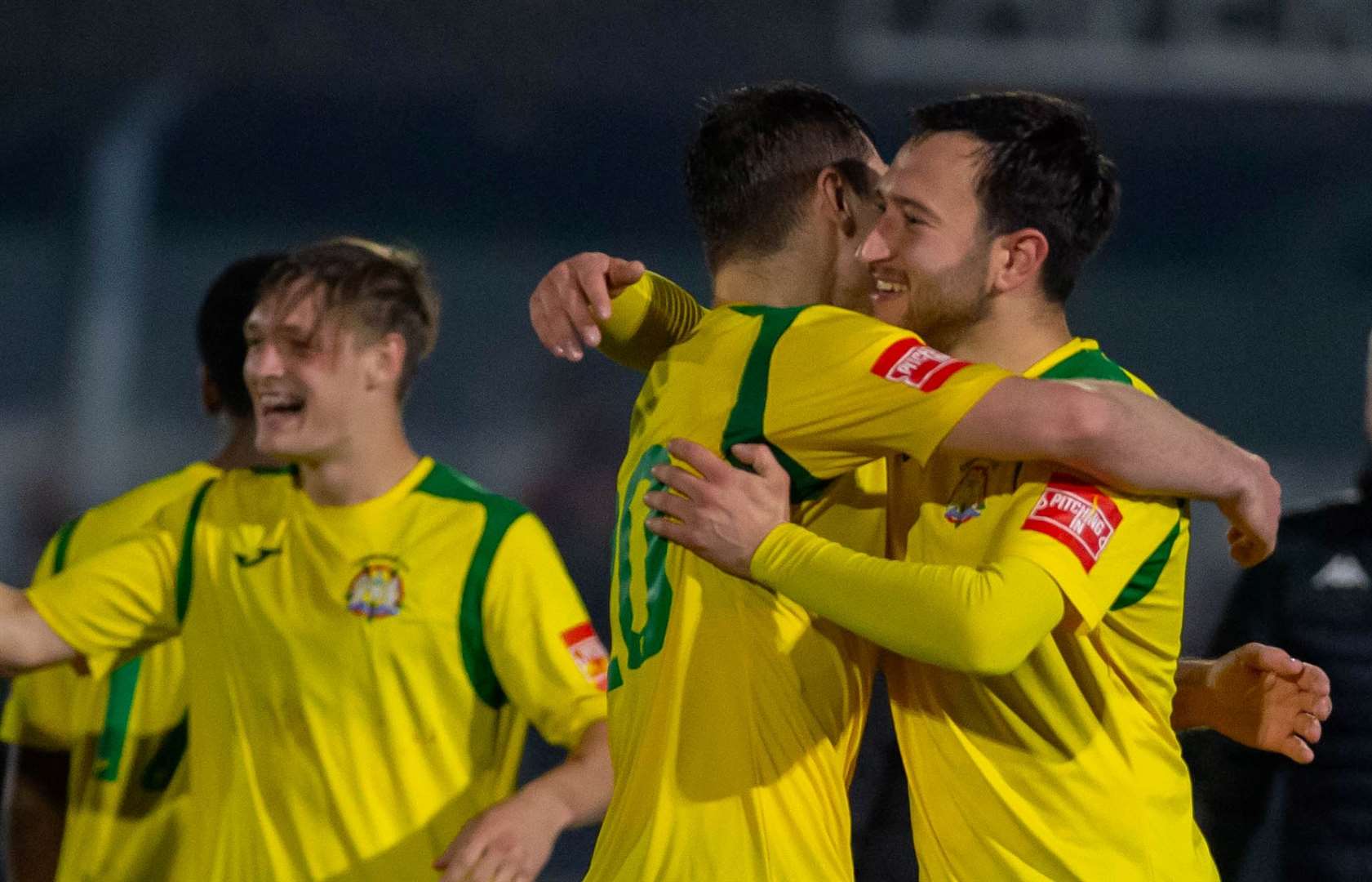 Corinthian celebrate their Southern Counties East Premier Division play-off semi-final shootout success at Faversham on Tuesday night after a 2-2 draw. Picture: Ian Scammell